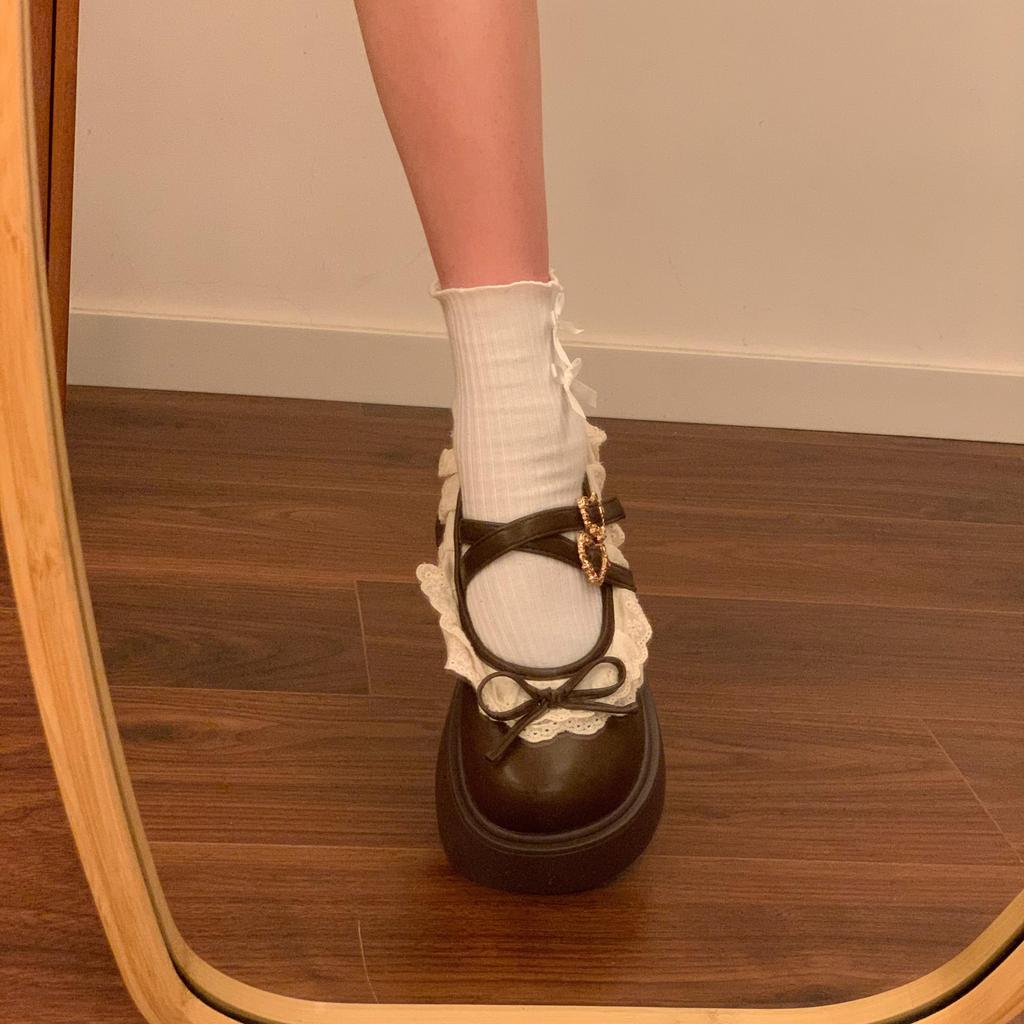 Plateau Mary Jane Schuhe für Damen 45cm Absatz Runde Zehenpartie Lolita Gothic Japanischer Koreanischer Stil PU-Leder Schwarz Braun