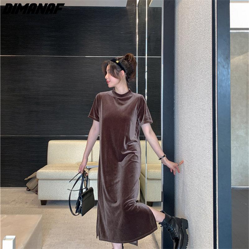 Dimanaf Women 2022 New Autumn Dress Solid Elegant Long Dress Loose Dress Show Thin O-Neck Dresses
