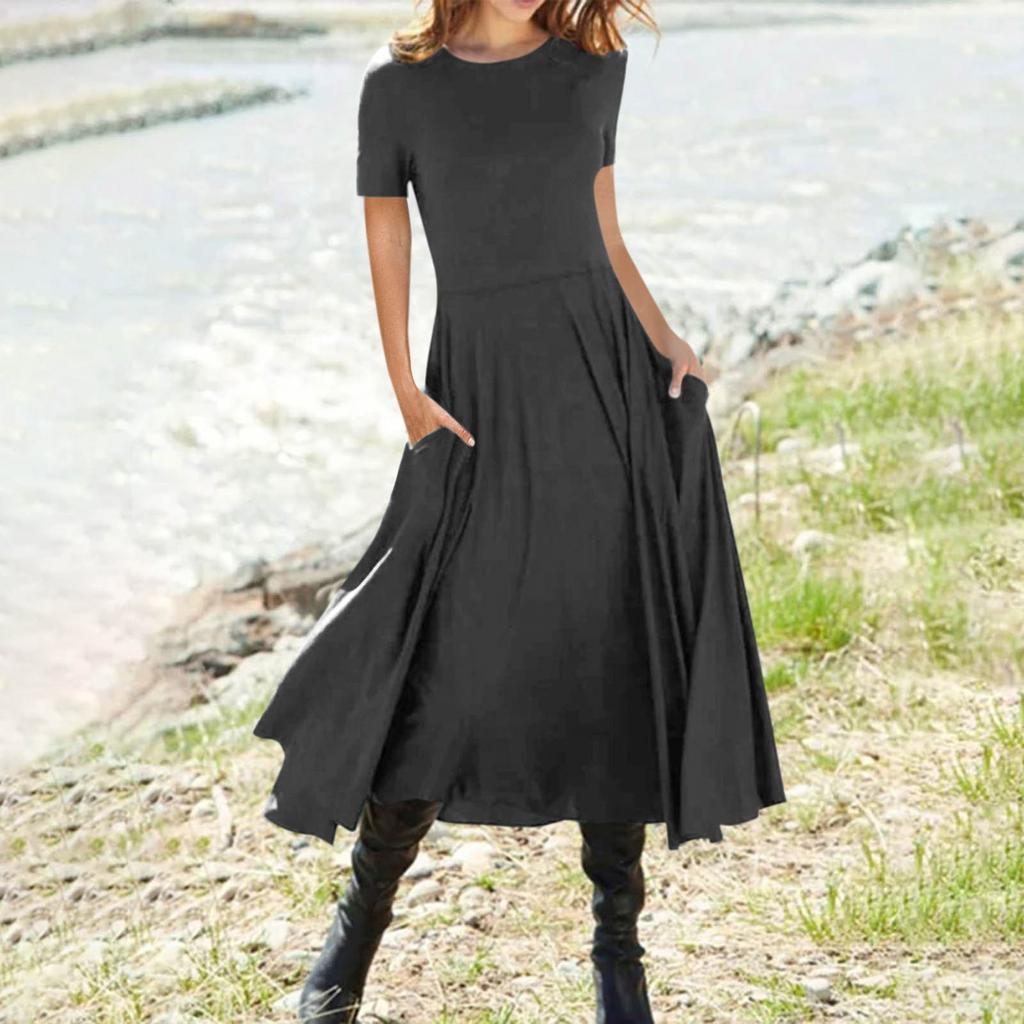 Women's Fashion Summer Color Short Sleeve Pocket Pullover Dress