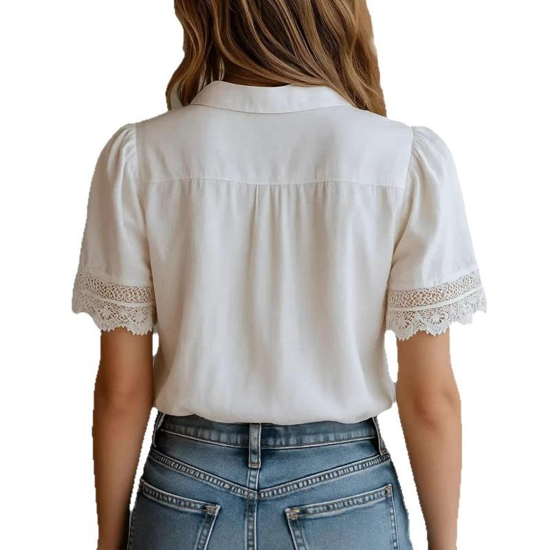 Women's Cotton Linen Lace Short Sleeve Blouse Loose Casual Summer Shirt Hollow Out Top