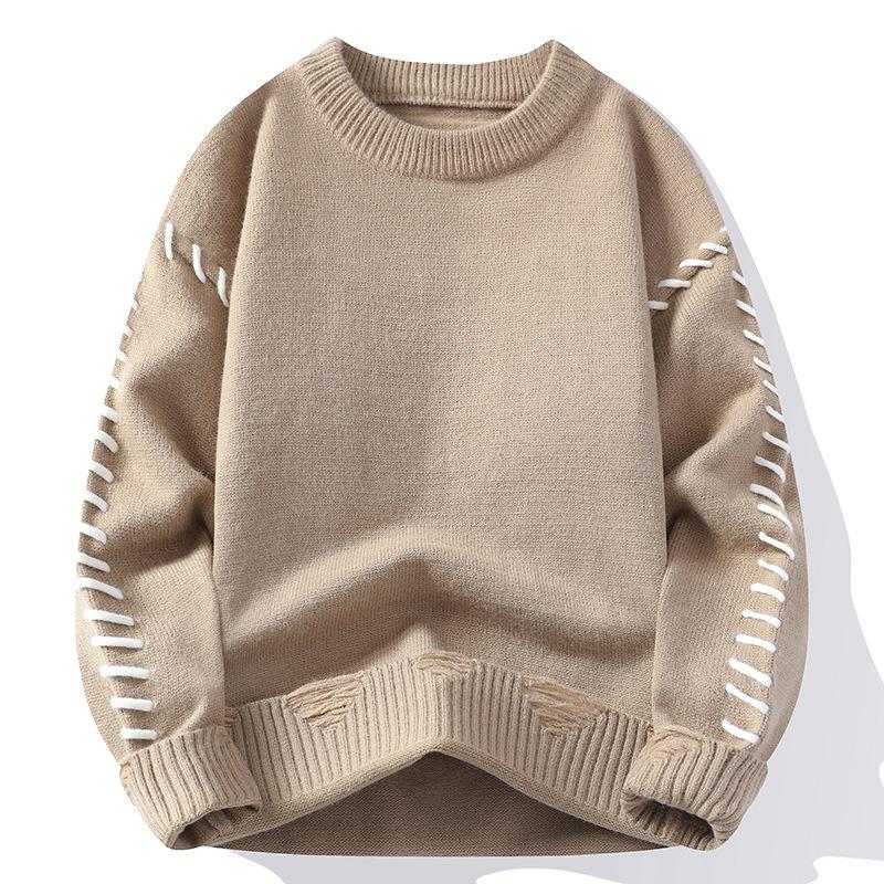 Men's Contrast Stitch Round Neck Sweater, Loose Knitted Pullover for Autumn-Winter 2024