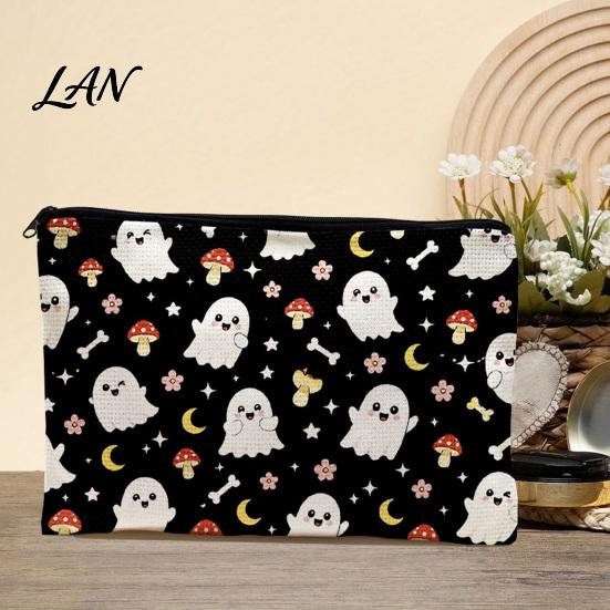 Durable Data Cable Organizer Cosmetic Bag, Halloween Pattern Print Makeup Canvas Cute Storage Bag Zipper Pouch, for Change Washable Pencil Case