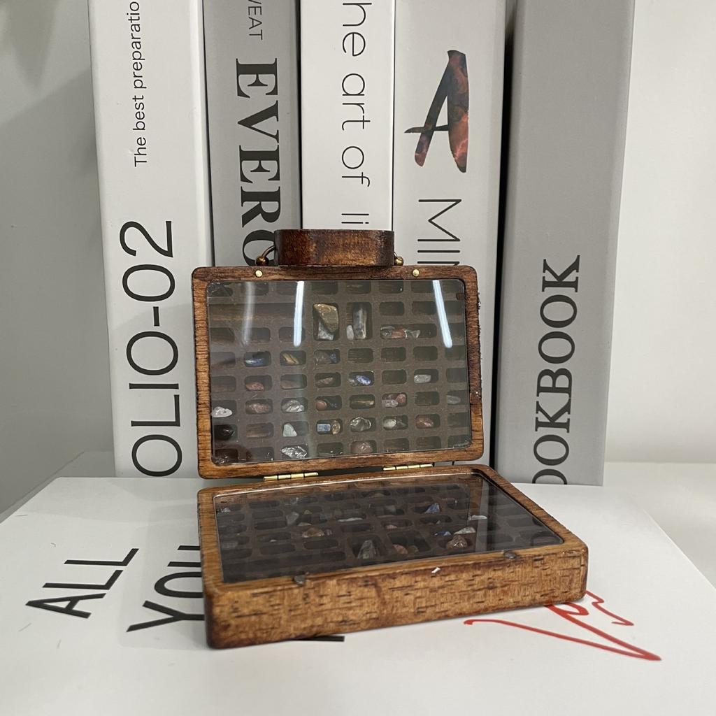 Stone Collectible Ornaments In Wooden Crystal Collection Box And Suitcase