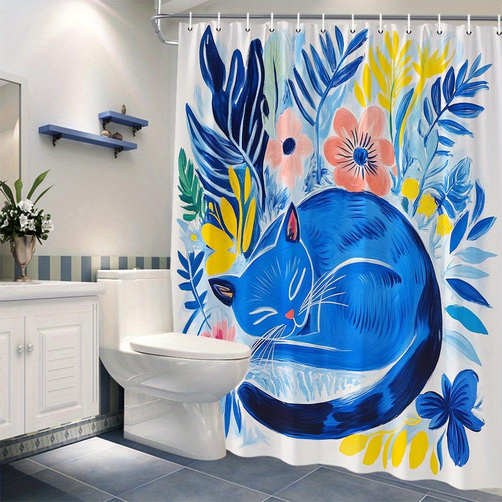 Waterproof Adorable Cat Shower Curtain with Colorful Flowers and Playful Design for a Fun Bathroom Look W90XH180cm