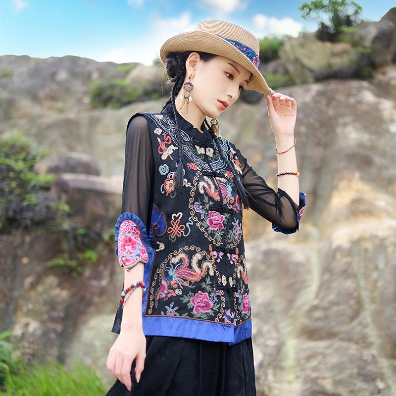 

Весна 2025 Этнический стиль Женский ретро жилет с цветочной вышивкой, воротник-стойка M чёрный