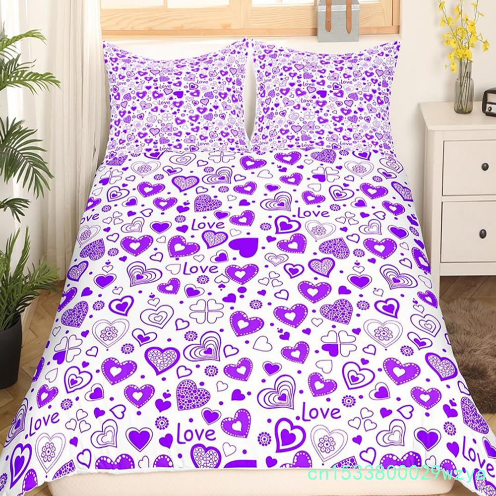 Valentinstag Bettwäsche Set Doodle Stil Kleines Herz Bettbezug Lila Rot Bettdeckenbezug Liebe Thema Polyester Steppdeckenbezug