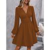Autumn and Winter New Slanted Collar Lantern Sleeve Pleated Waist Dress