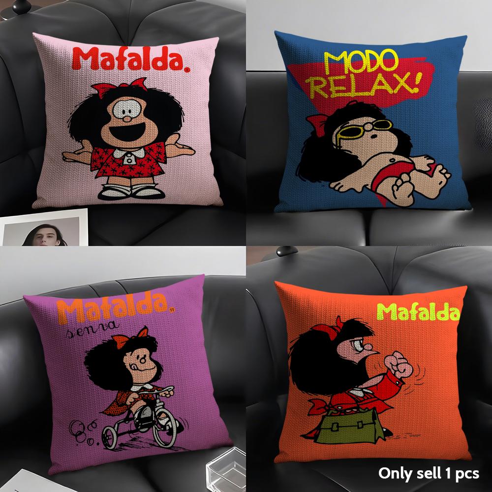 M-Mafalda Cartoon Cute Cushion Cover Natural Linen Organic Fabric Double-Sided Printing Sofa Home Decor Gift Pillow Case