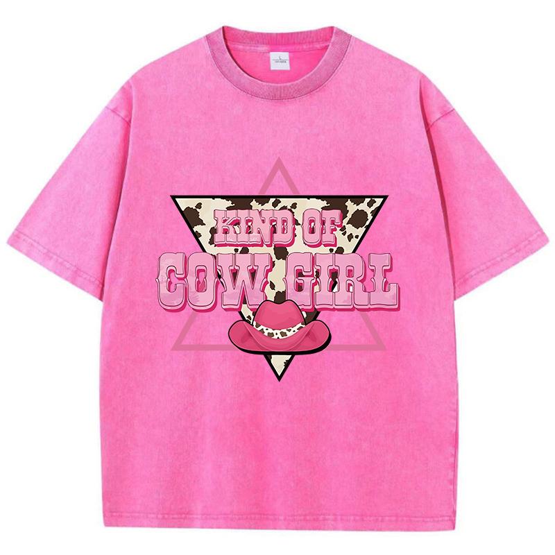 Kind Of Cow Girl Cotton Washed T-Shirt Womens Pink Hat Printing T Shirts O-Neck Oversized Acid Wash Tops Summer Woman