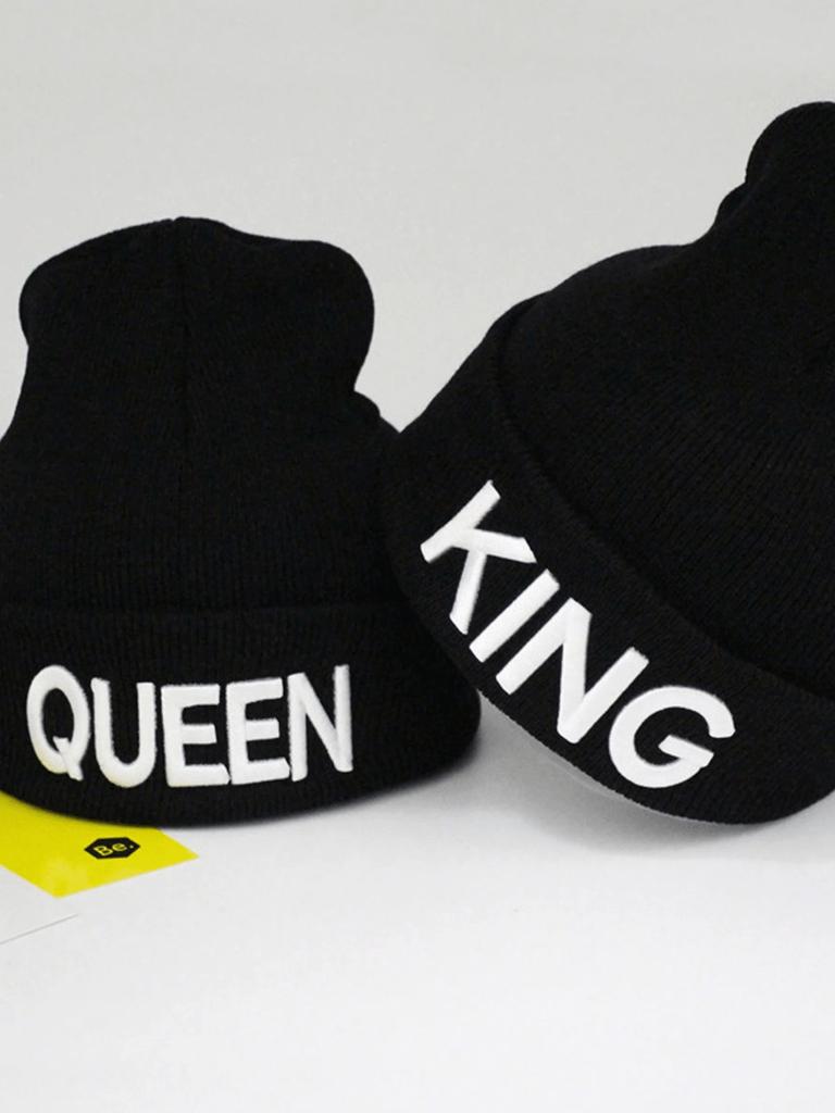 2pcs Black Unisex Knitted Hat With 'queen' And 'king' Embroidery, Ear Protection, Winter Street