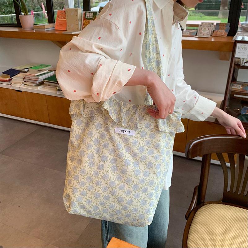 Summer Floral Plaid Ruffles Women Shoulder Bags Retro Flower Ladies Shopping Bag Handbags Commute Light Portable Girls Book Tote