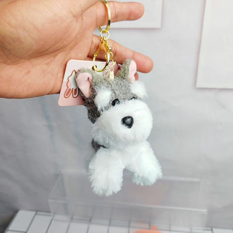 Adorable Cute Schnauzer Plush Dog Keychain Soft Toy With Gold Keyring For Dog Lovers