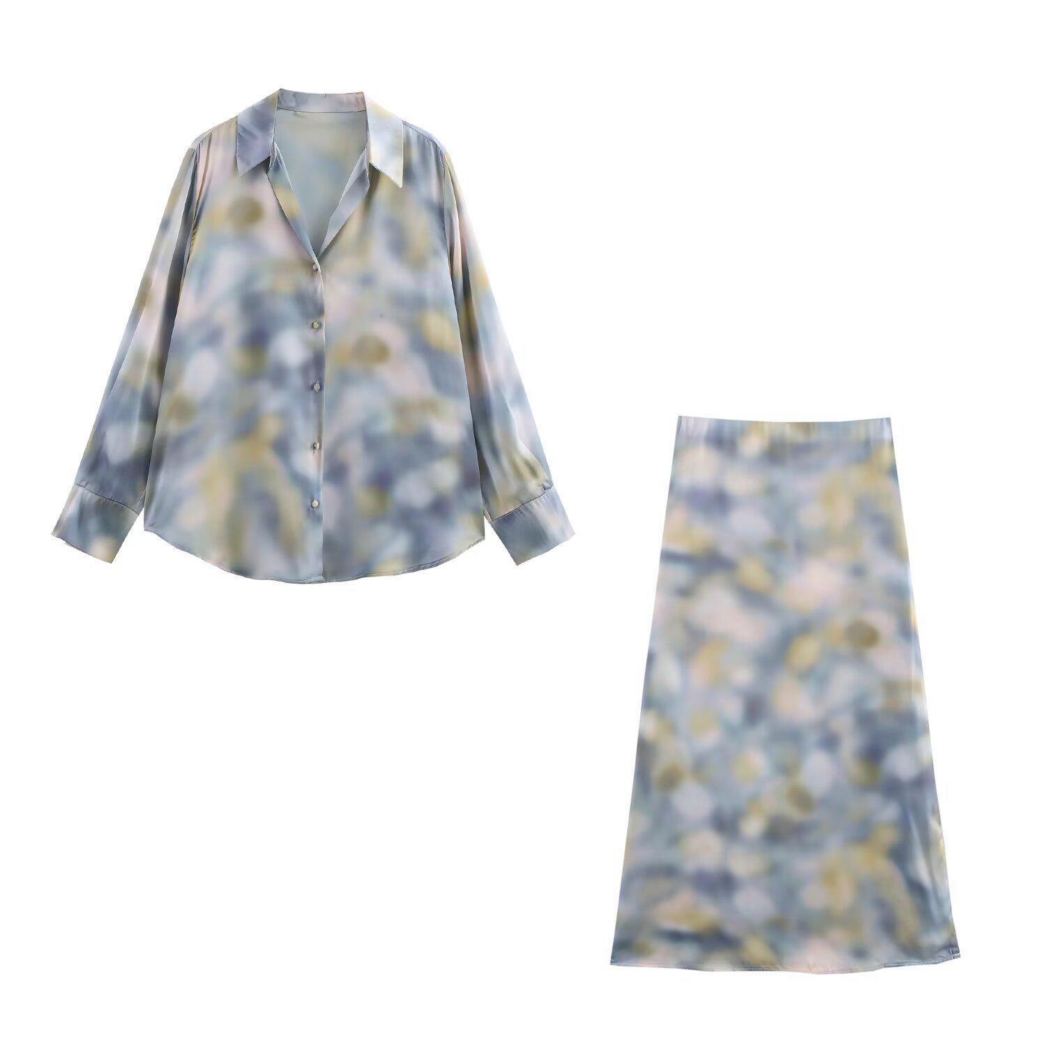 

2025 Spring European & American Women s Silk Satin Shirt & Midi Skirt Set L