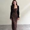 French Chic Leopard Print Camisole Bodycon Dress & Sun Protection Knit Cardigan Set
