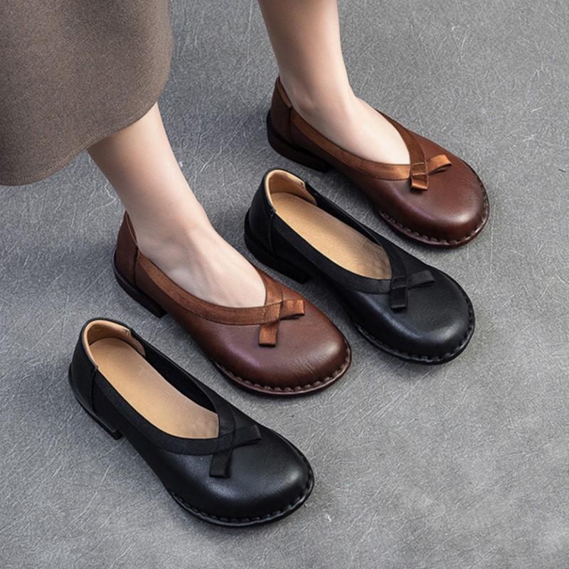 Johnature Echtes Leder Bequeme Schuhe mit niedrigem Absatz Retro Vielseitige Pumps Runde Spitze Damenschuhe