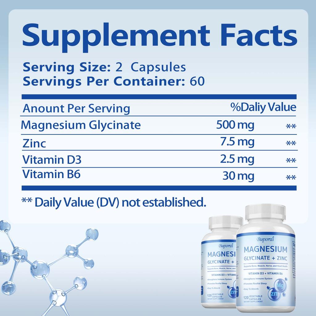 Magnesium Glycine Capsules, Containing Zinc, Vitamin D3, and B6 Extracts, Help Relieve Leg Cramps and Relax Muscles.
