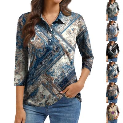 Kadın Modası Günlük Yaka Kısa 3/4 Kol Baskılı Gömlek Kadın Düğmeli Üstler