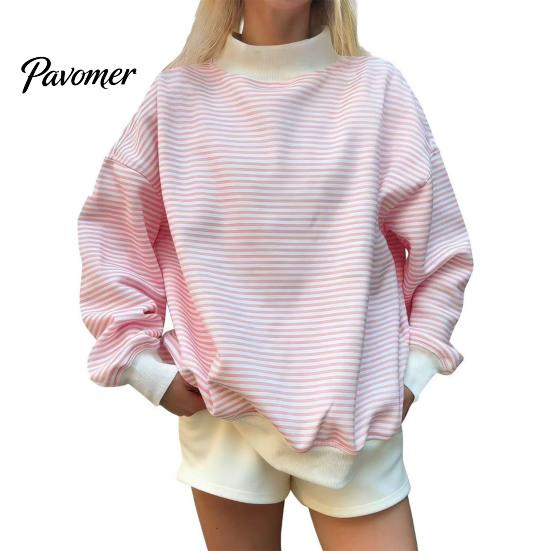 Sporty Workout Tops Women Mock Neck Striped Sweatshirt, Oversized Long Sleeve Pullover Top for Fall, Casual Half Turtleneck Shirt with Ribbed Cuffs