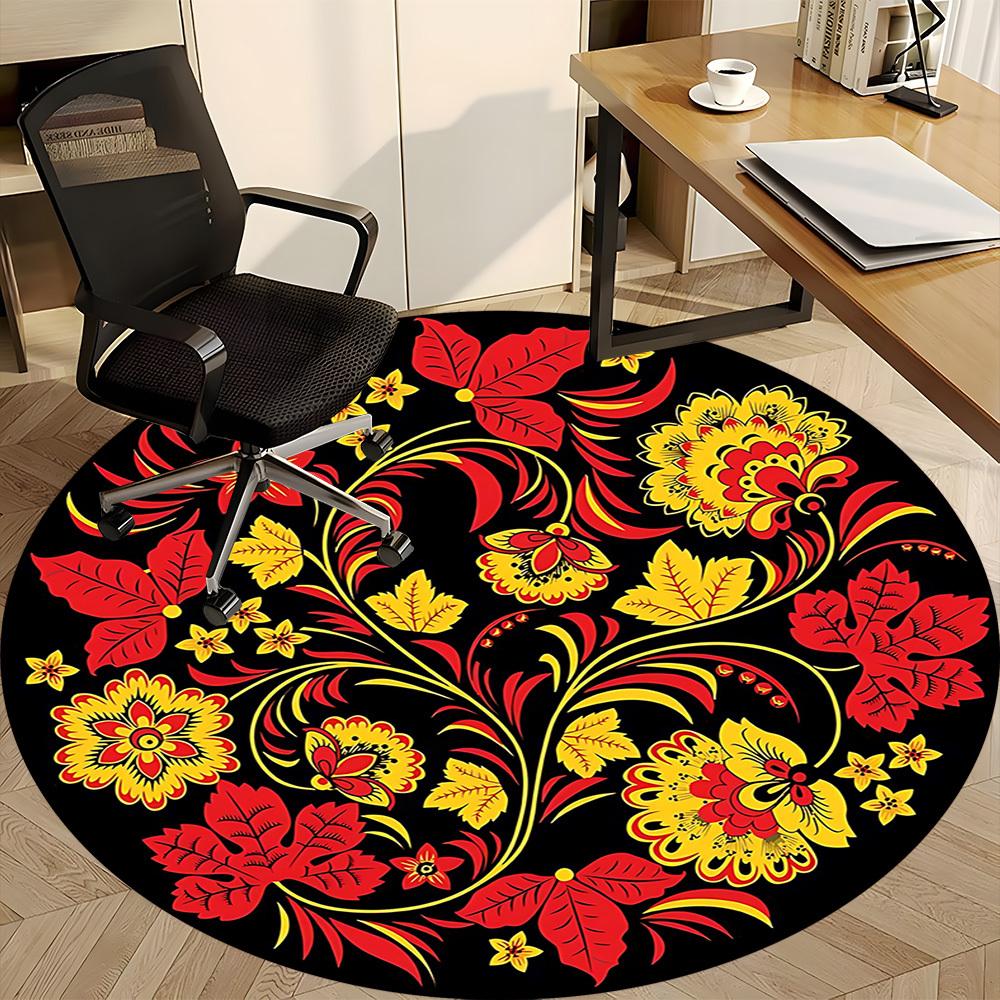 1pc Red Yellow Floral Pattern Carpet, Round Non Slip Durable Large Size Office Carpet, Suitable for Office