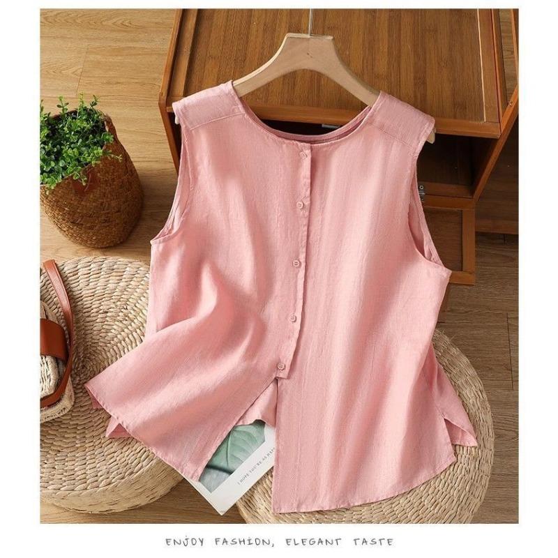 Camicetta da Donna Senza Maniche in Lino e Cotone con Bottoni, Gilet Casual a Girocollo