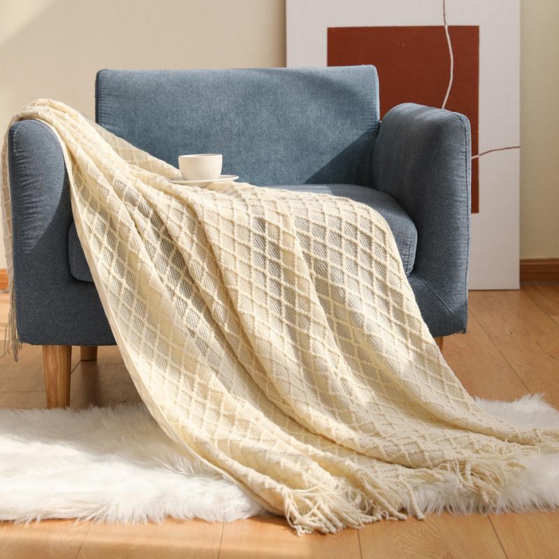 Nordic Morandi color knitted blanket with grain pattern, new spring-summer knitted sofa cover, decorative blanket, bed runner in haze blue