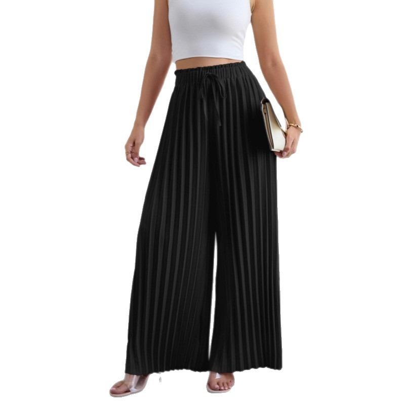 Fashion Loose Pleated Women's Long Pants Solid Color New Folded Elastic Waist Strap Loose Wide Leg Pants Casual Drawstring Trousers