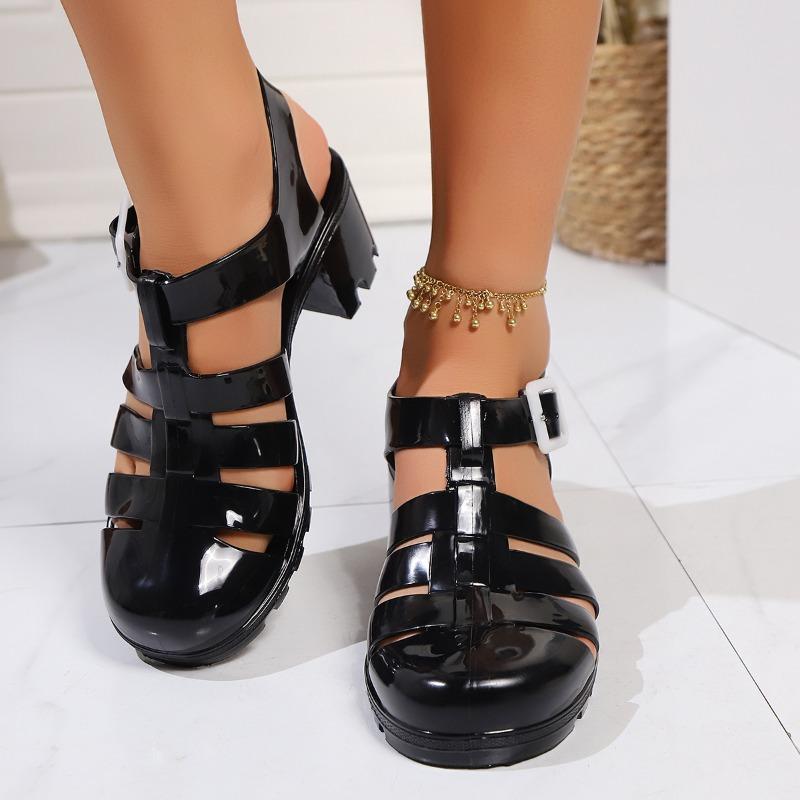 Fashion Summer Baotou Women's Sandals Round Toe Cutout Soft Sole Soft Leather Cutout Breathable Square Heel High Heels