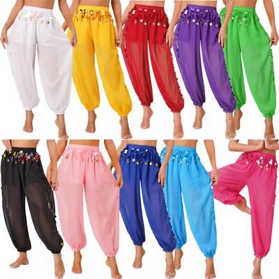Belly Dance Pants for Women Sequined Dots Chiffon Bloomer Semi See-Though Dancewear