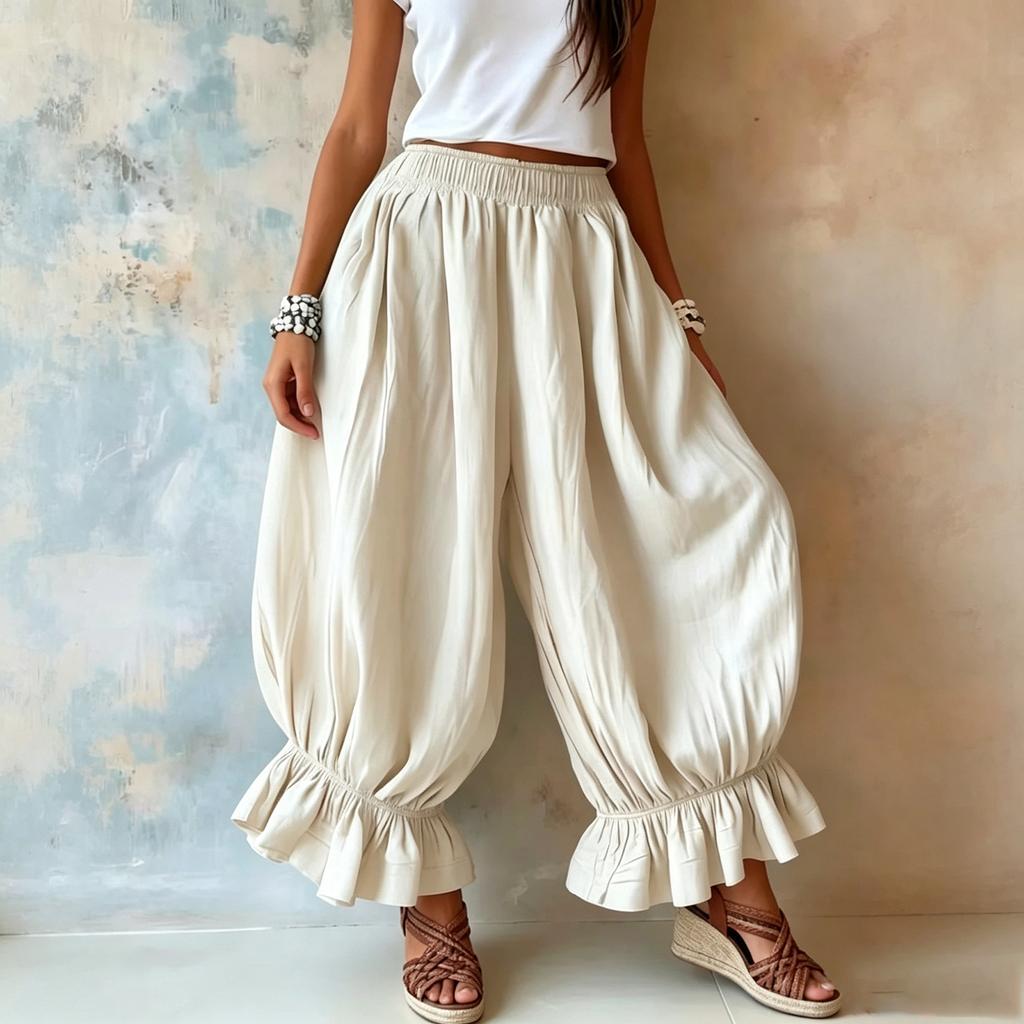 Women's Solid Color Lantern Pants Casual Summer Ruffle Hem Wide Leg Loose Fit Elastic Waist Trousers