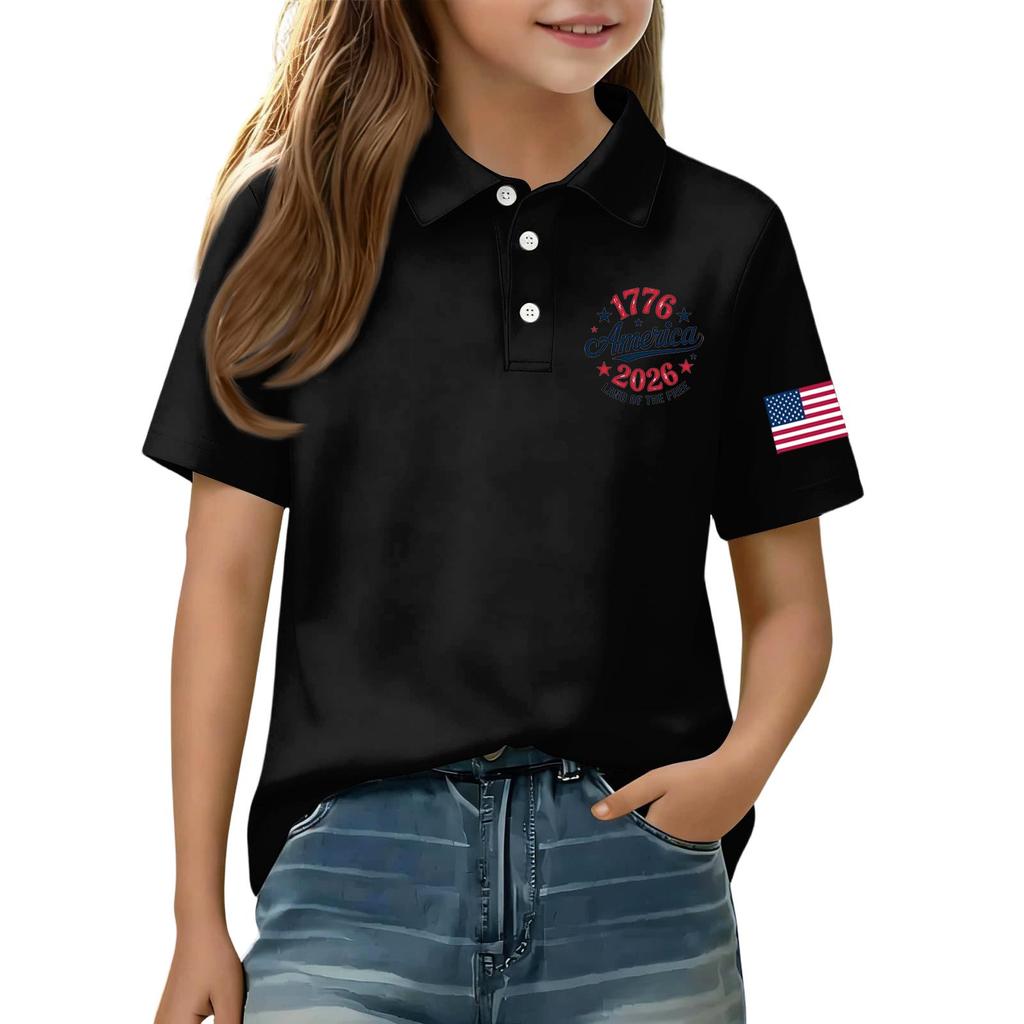 Kids Short Sleeve Polo Shirt Casual Everyday Wear Independence Day Print Tee Shirt with Button Collar and Embroidered Sleeve Patch for Boys