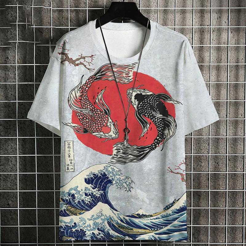 Ukiyo-E T-Shirt For Men Japanese Koi Carp Pattern Tshirts Casual Unisex Top Breathable Comfortable Summer New Oversized Clothing