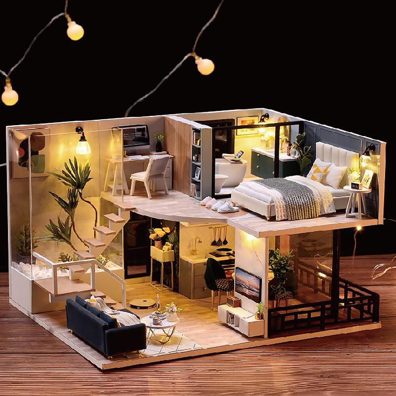 Wooden Miniature Doll House DIY Duplex Apartment Production 3D Puzzle Assembly Building Model Toy Home With Furniture Dollhouse