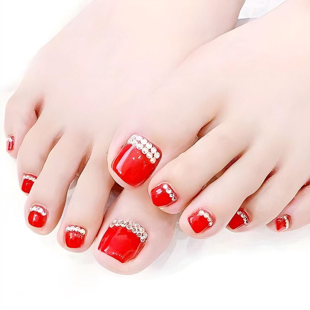 

Foot Nails Tips Toe Nails Short French Full Cover Diamond Fake Toenails 1
