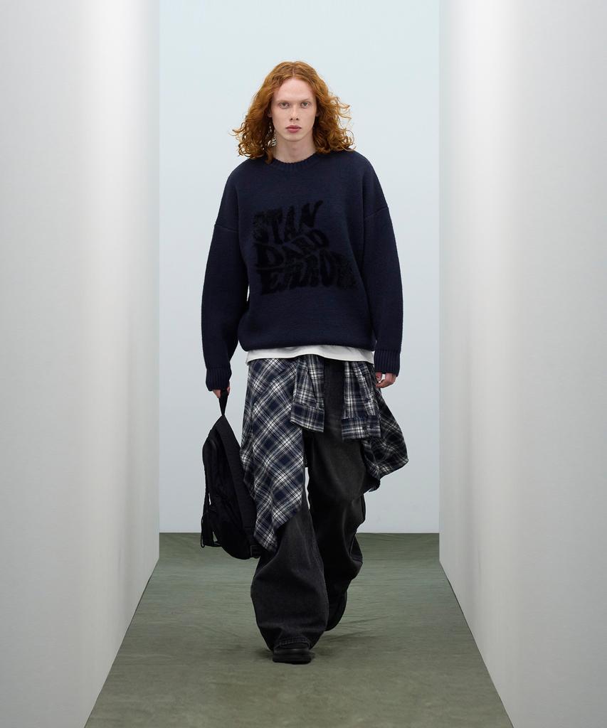 STANDARDERROR 87-Stan192 Pullover Brushed Lettering Jacquard Knit Navy
