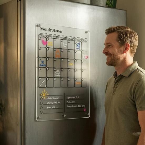 Wall Mounted Memo Board Acrylic Magnetic Dry Erase Calendar for Fridge, Clear Monthly/Weekly Meal Family Task Planner Whiteboard with 6 Markers
