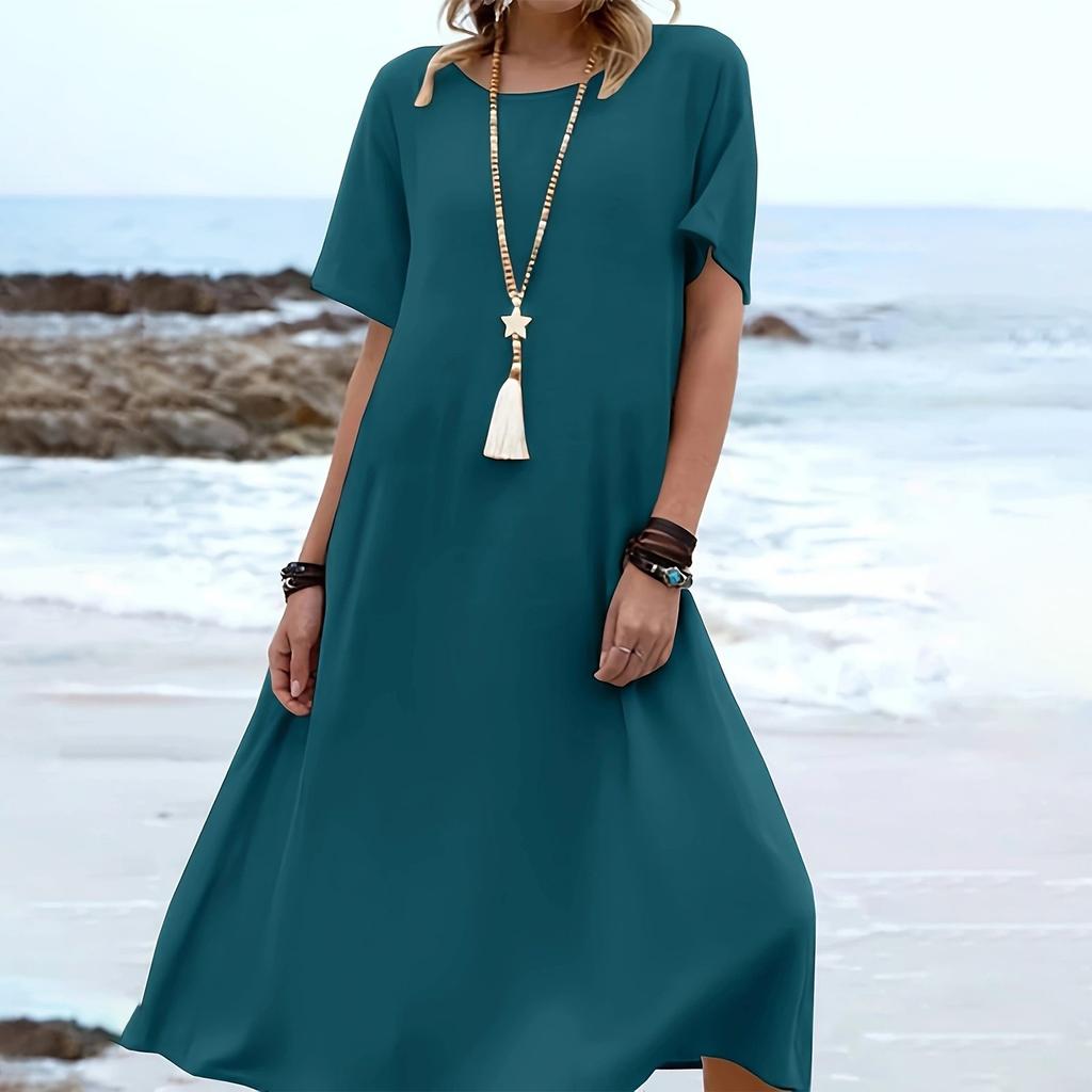 Ladies' Fashionable Vacation Solid Color Casual Round Neck Short Sleeved Loose Dress