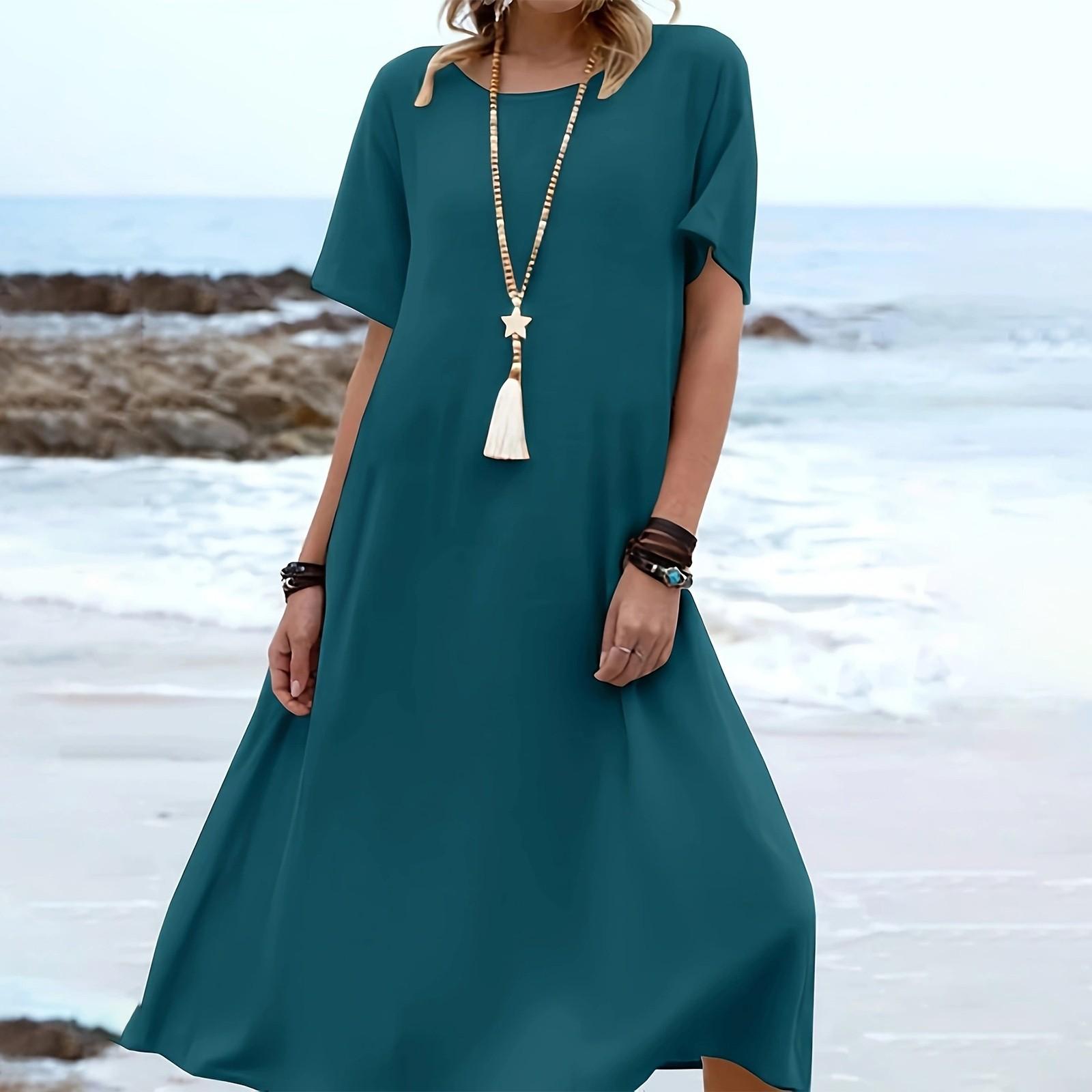 

Ladies Fashionable Vacation Color Casual Round Neck Short Sleeved Loose Dress XXL