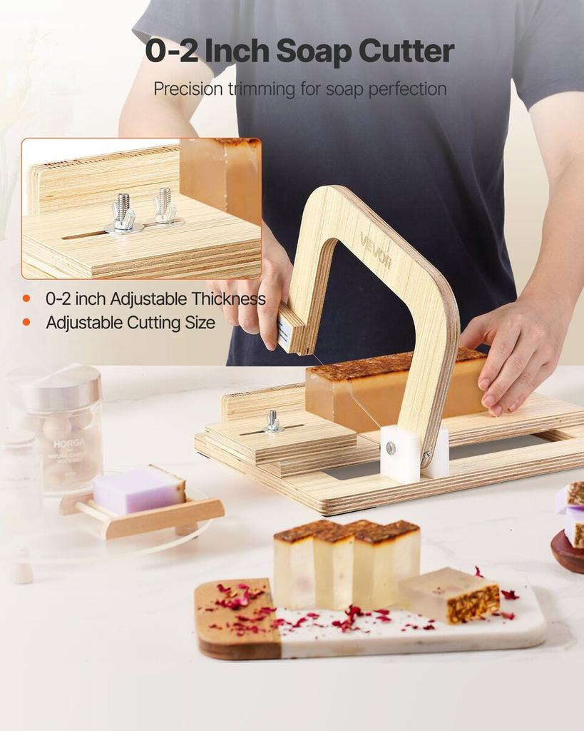 Soap Cutter, 0-2 Inch Adjustable Thickness, Wood Soap Slicer with Stainless Steel Adjustable Wire Tension, with Extra Wires, Multi Handmade Cutter for