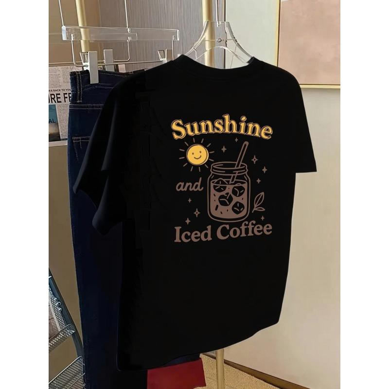 Camiseta con Estampado de Sol y Café Helado, Manga Corta, Cuello Redondo, Top Casual para Verano y Primavera, Ropa de Mujer