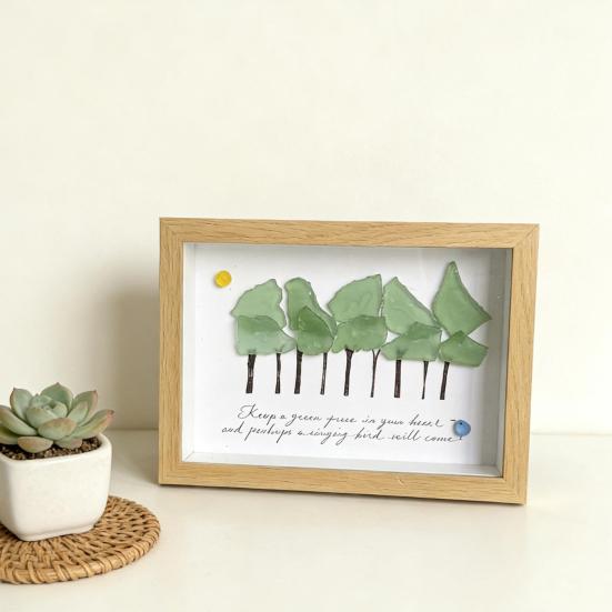 Sea Glass Tree Wall Art with Frame Handmade Forest Tree Seaglass Artwork Picture