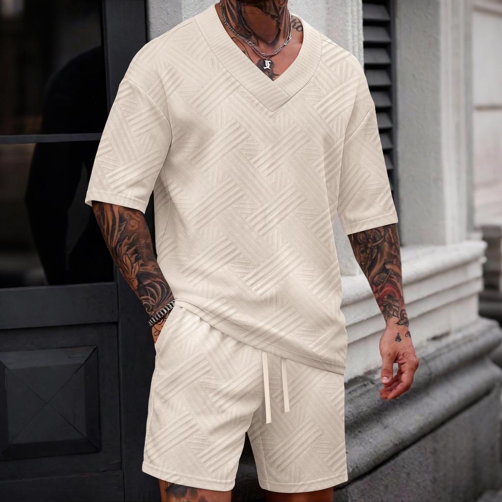 Men's Casual V-Neck Jacquard Two-Piece Set: Short-Sleeved Shirt & Shorts