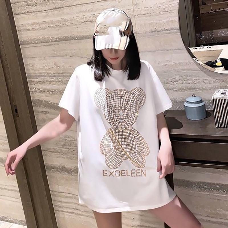 Women's Spring and Summer Shiny Cute Bear Pattern Short Sleeve Loose Large Size Round Neck T-Shirt