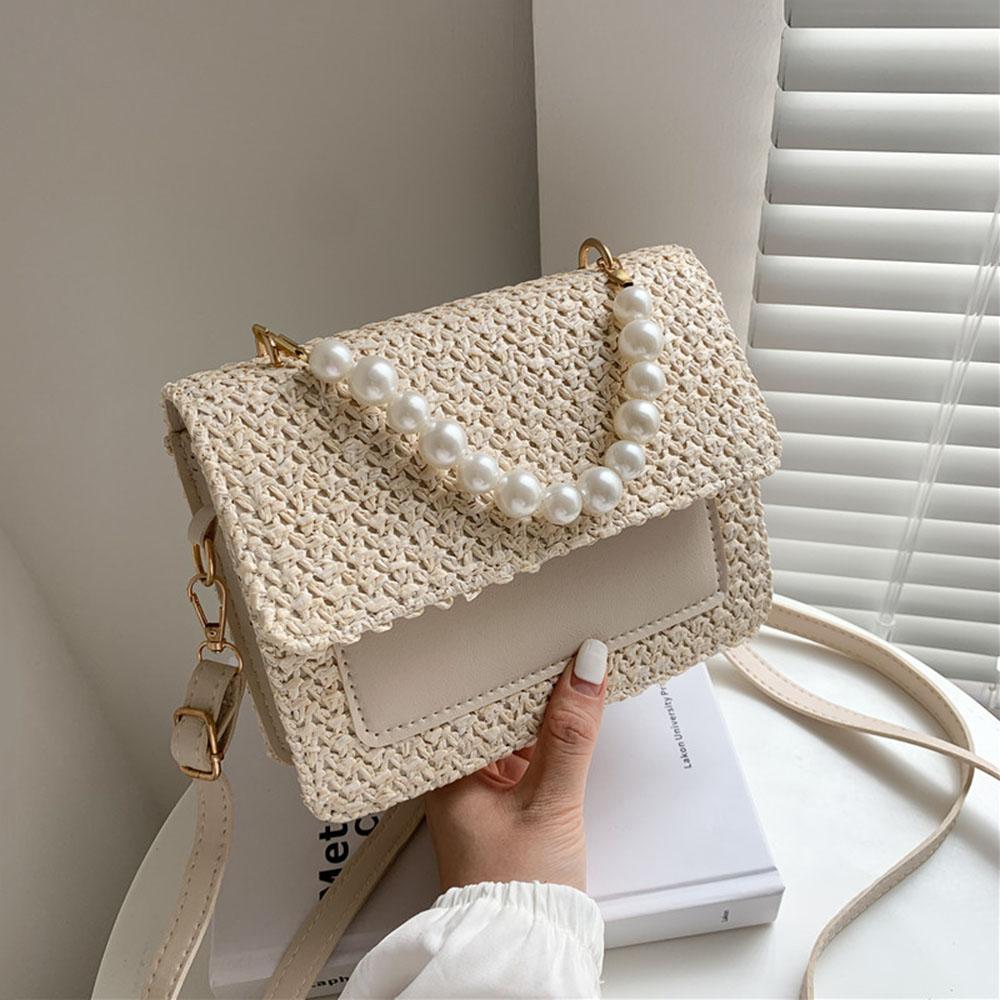 New Spring Summer Pearl Bracelet Crossbody Bag Simple Straw Woven Women Underarm Bag Fashi Square Handheld Bag For Ladies