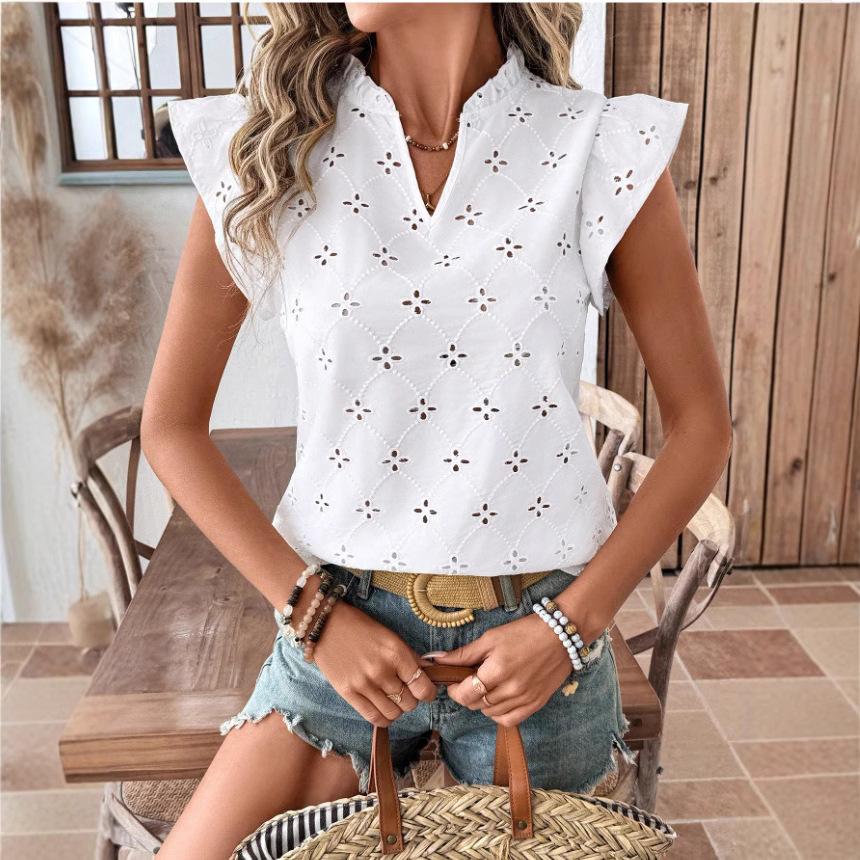 

Женская летняя футболка с коротким рукавом, рюшами, V-образным вырезом, ажурной вышивкой, однотонная, пуловер, топ XXL