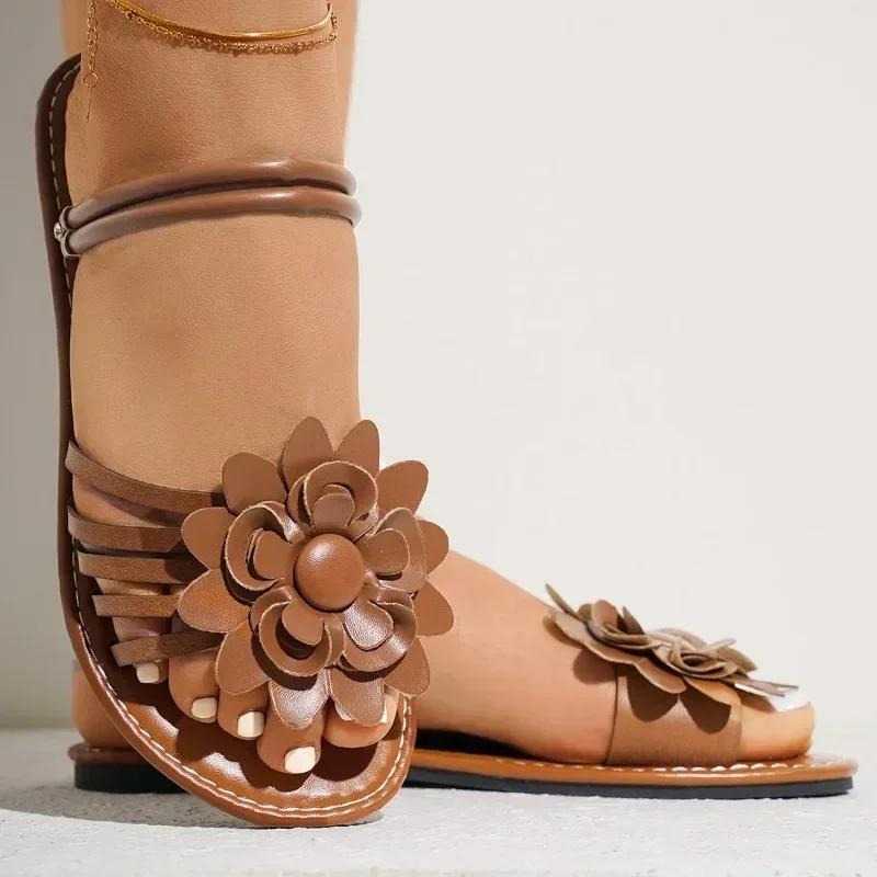 Women's Shoes On Sale 2024 Summer Ankle-wrap Women' Sandals Solid Flowers Open Toe Low-heeled Double Wear Beach Sandals Women
