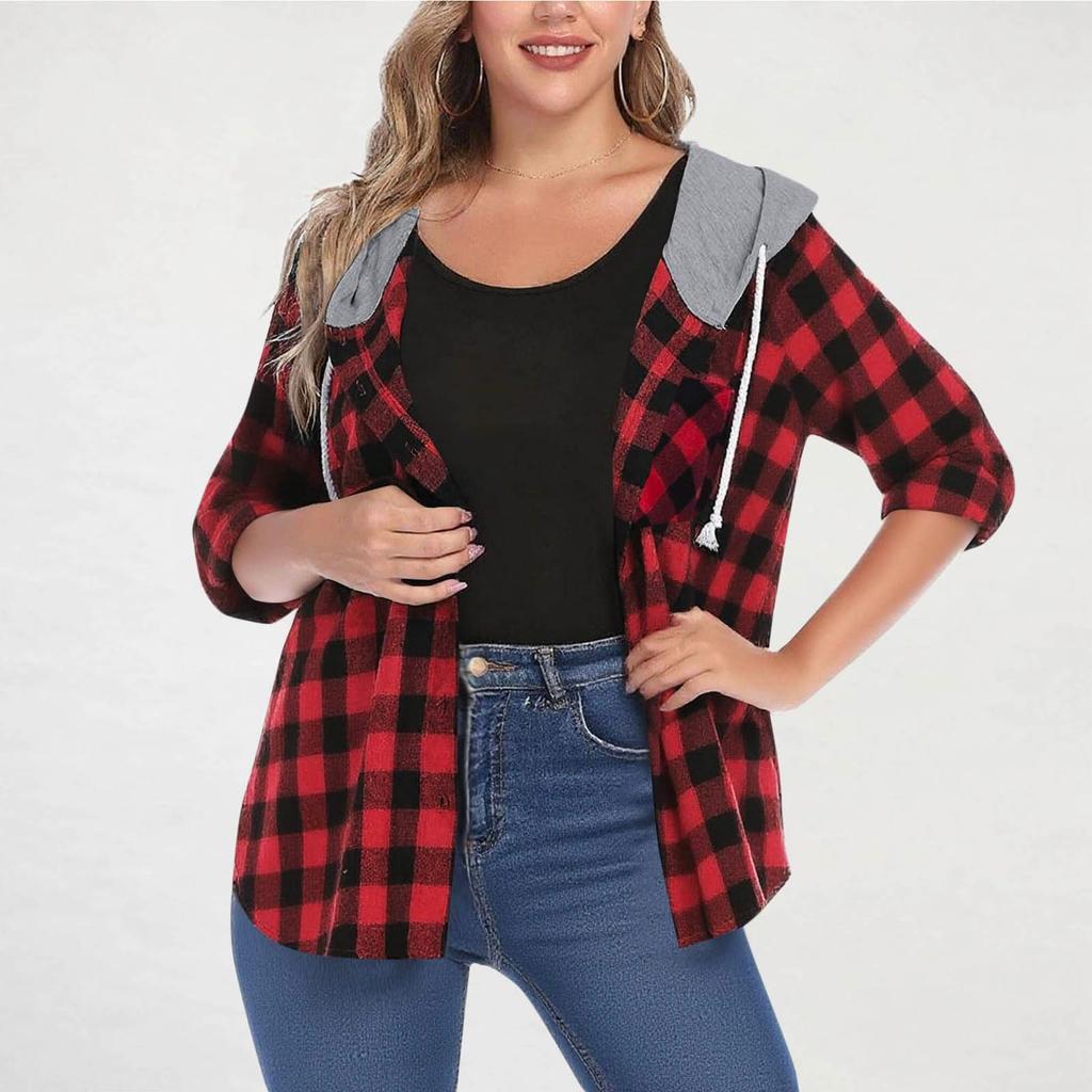 Women Long Sleeve Plaid Jackets Shirt Long Sleeve Casual Loose Coat Outwear