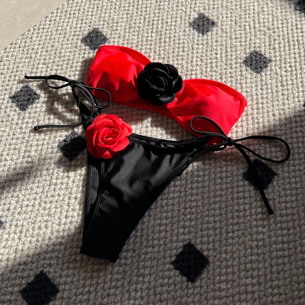 European and American Color Matching Rose Tube Top Lace-up Drawstring Strap Split Swimsuit Bikini