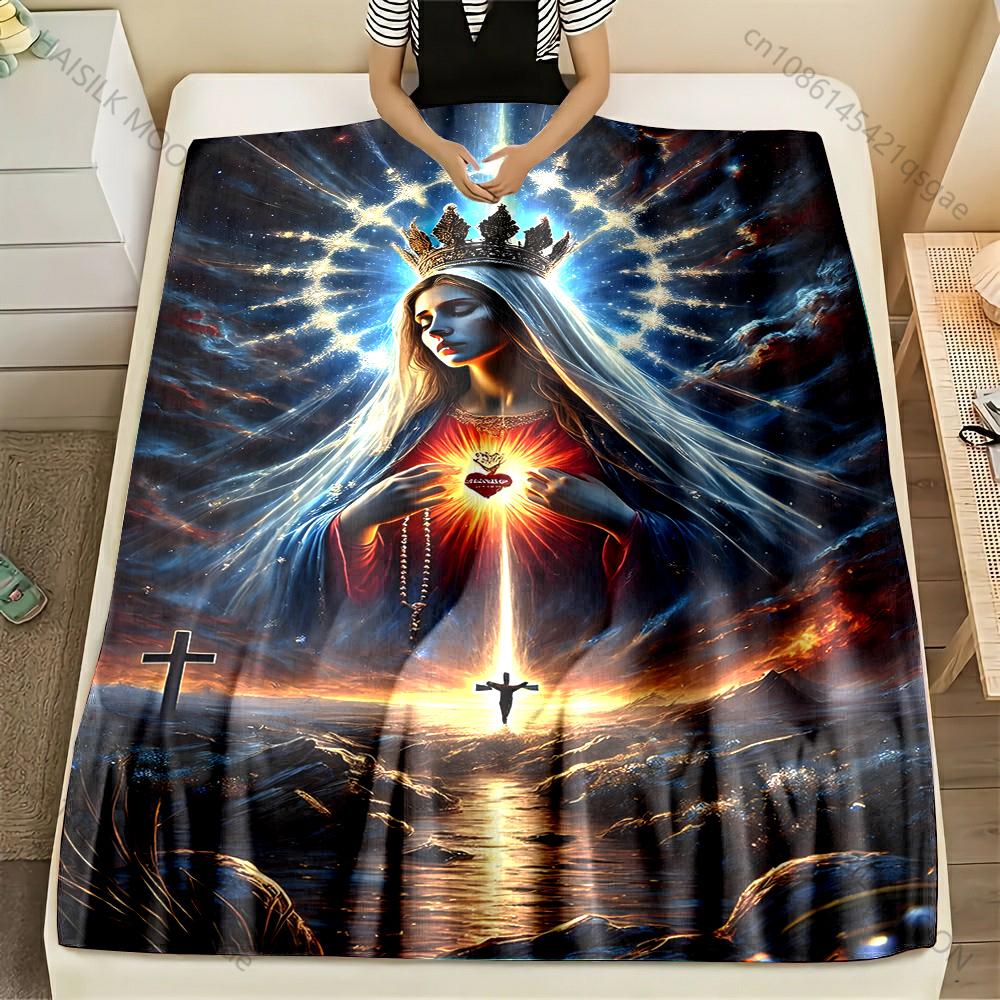 

1PC Holy Mary with radiant cross Print Blanket Warm Soft Fluffy Kids and Adult Sofa Bed Throw Blanket Outdoor Travel Camping RV 75x90cm