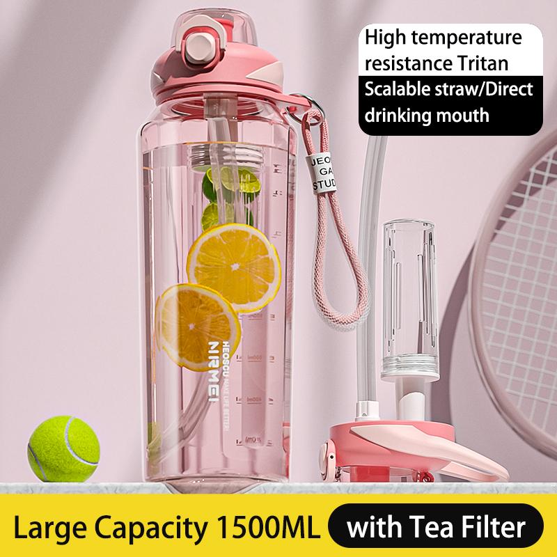 Large Capacity Sports Water Bottle with Time Marker Outdoor Portable Tritan Cup Leak-proof Water Bottles with Straw 1000/1500ML