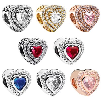 New Sparkling Gold Blue Pink Heart Charm Bead for European Silver Bracelet Necklace DIY Jewelry Gift